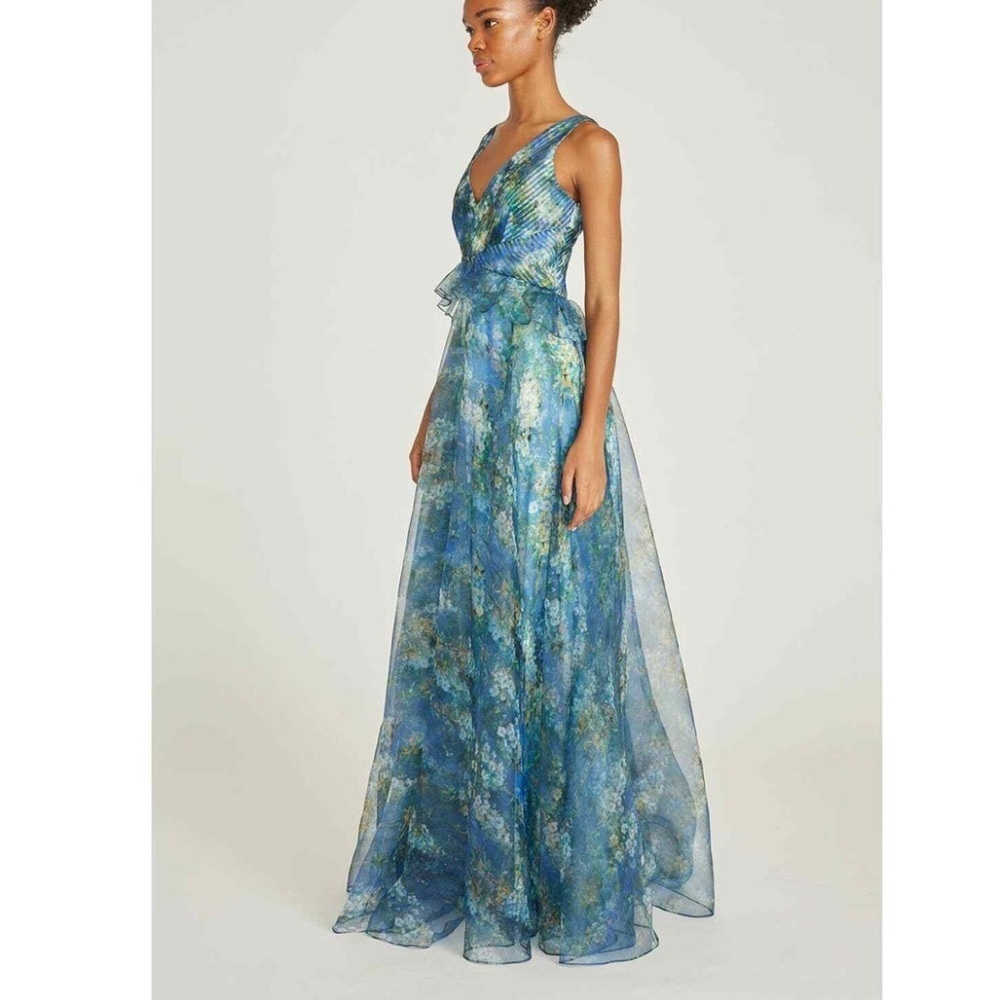 Theia Blue Green Floral Print V-Neck Sleeveless Wedding Dress